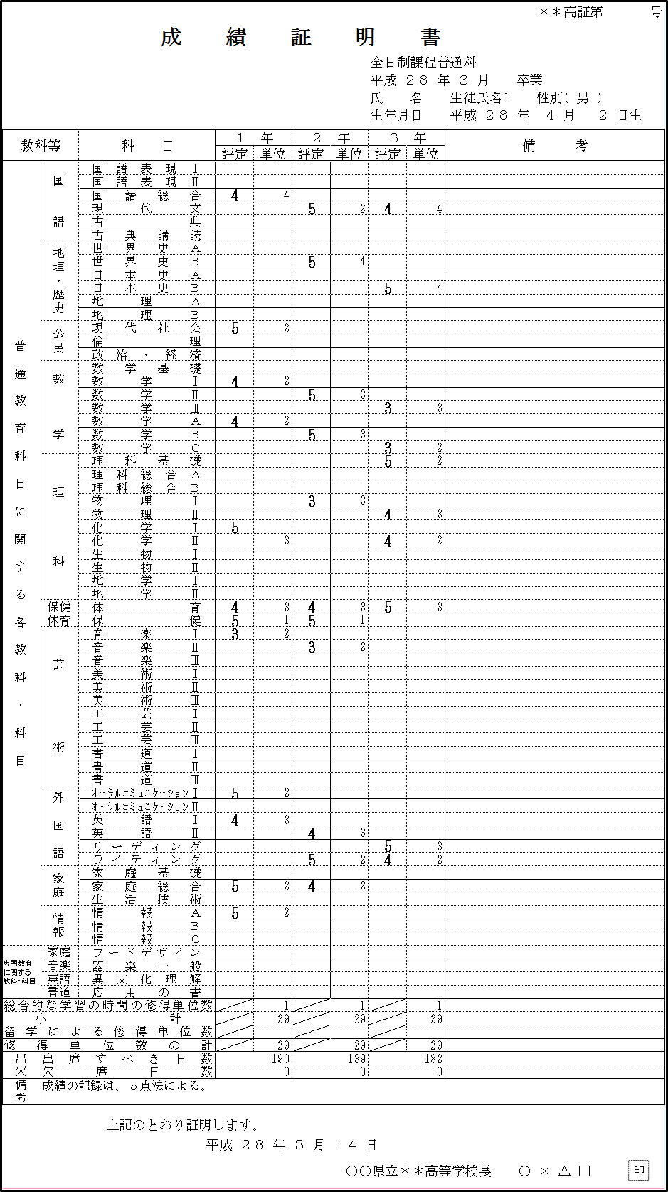 例３成績証明書（高校用）印刷１枚目画像