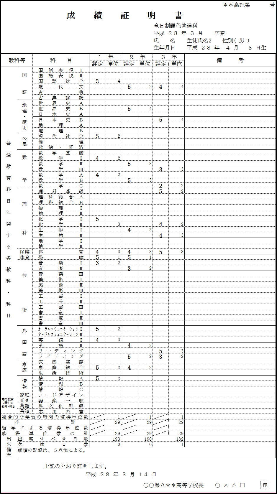 例3成績証明書(高校用)印刷2枚目画像