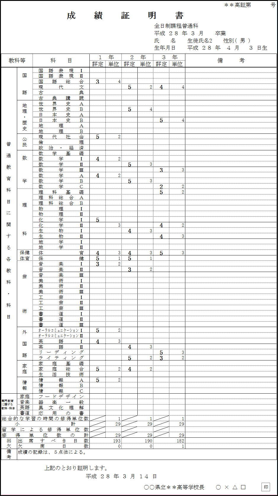 例３成績証明書（高校用）印刷２枚目画像