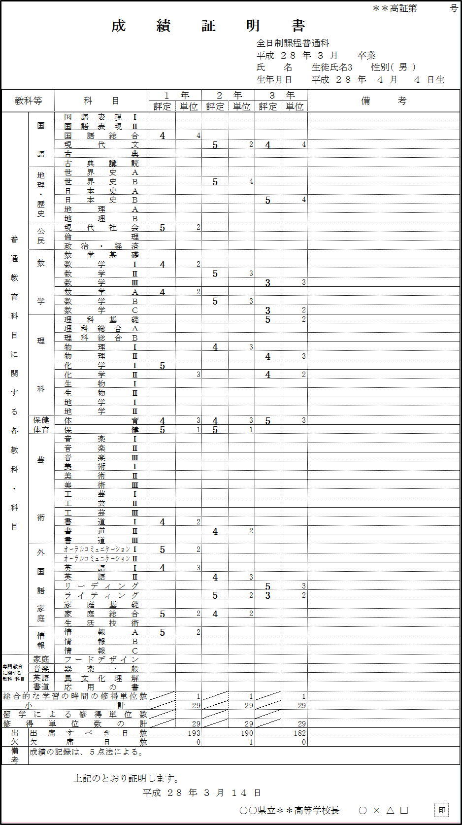 例３成績証明書（高校用）印刷３枚目画像