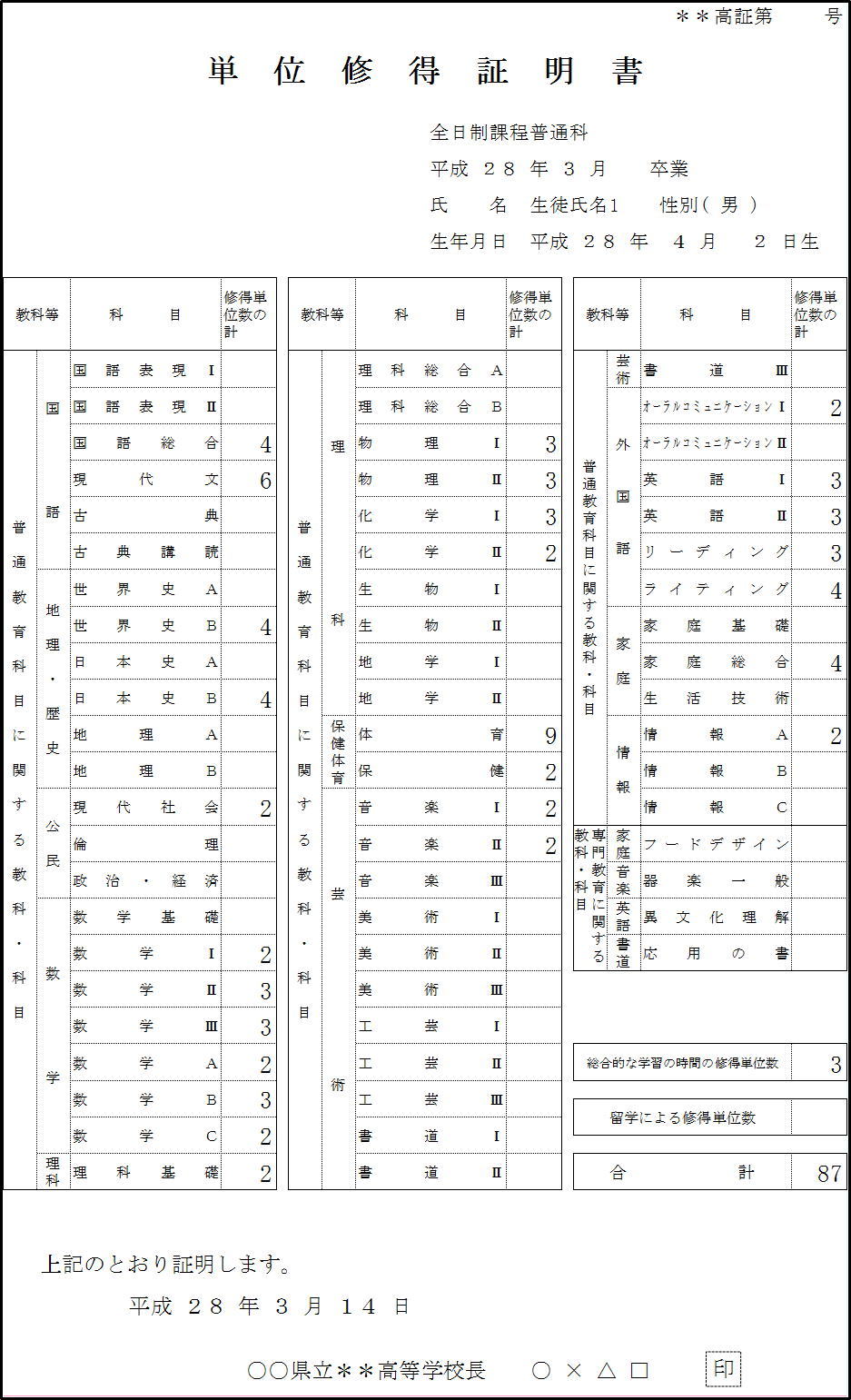 例4単位修得証明書(高校用)印刷1枚目画像