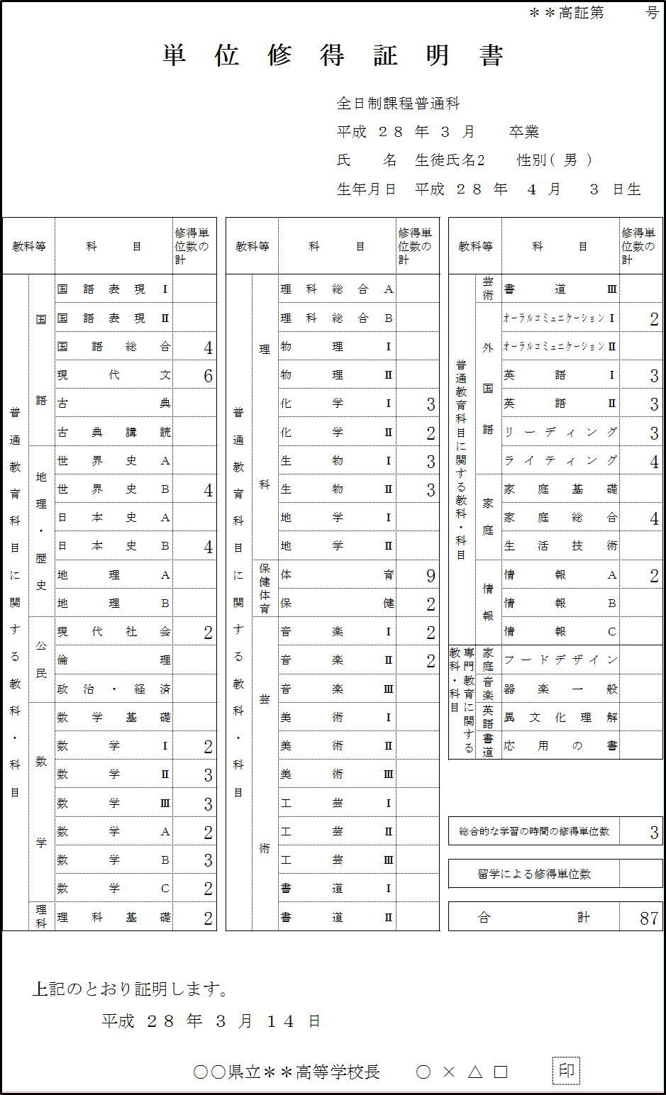 例4単位修得証明書(高校用)印刷2枚目画像