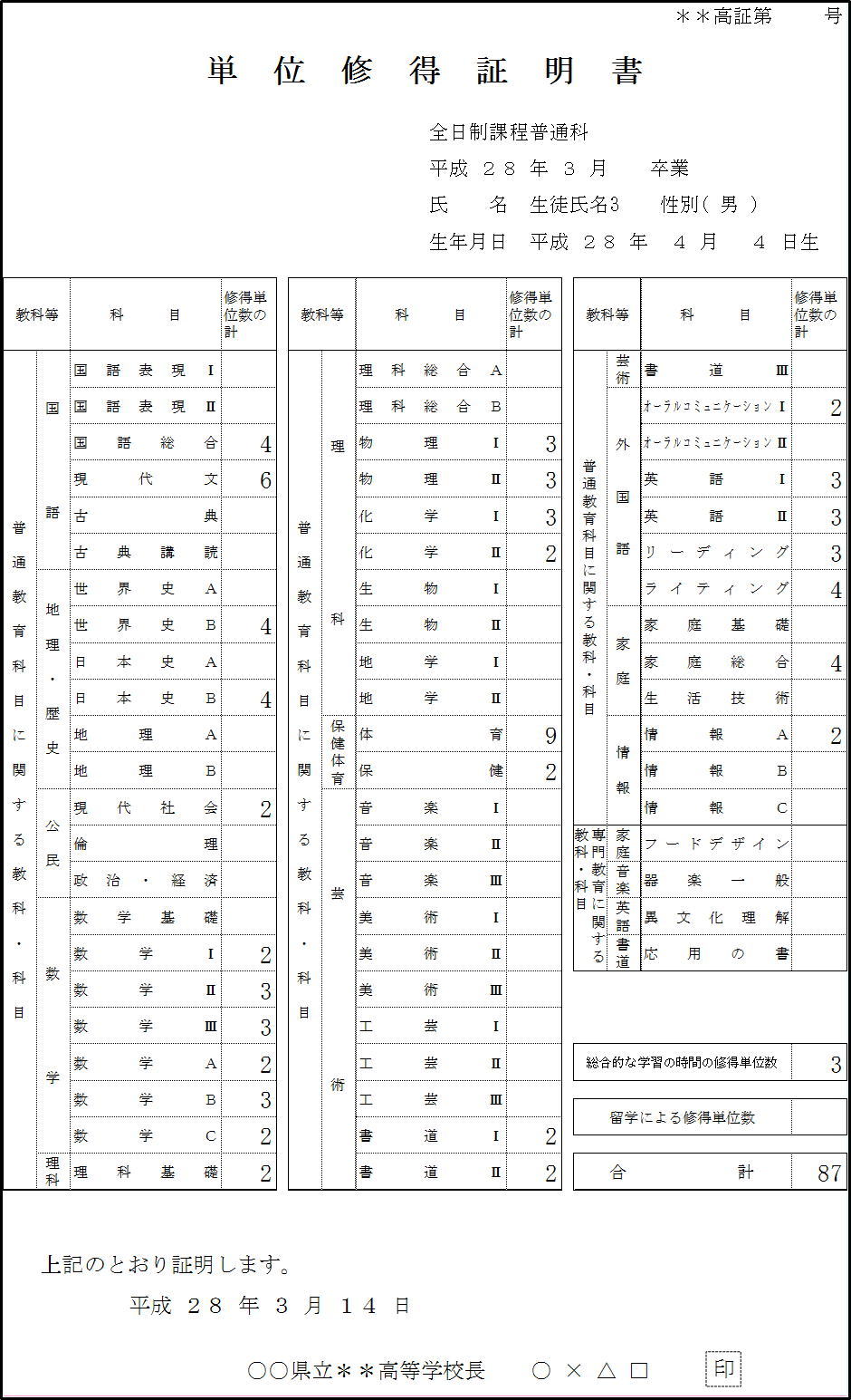 例4単位修得証明書(高校用)印刷3枚目画像