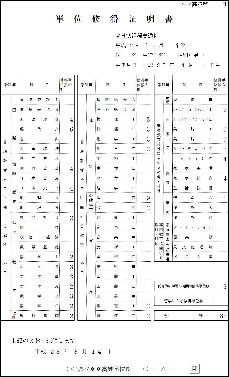 例４単位修得証明書（高校用）印刷３枚目画像