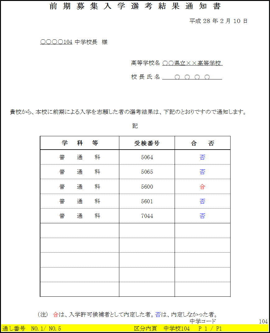 例5前期募集入学選考結果通知書印刷1枚目画像
