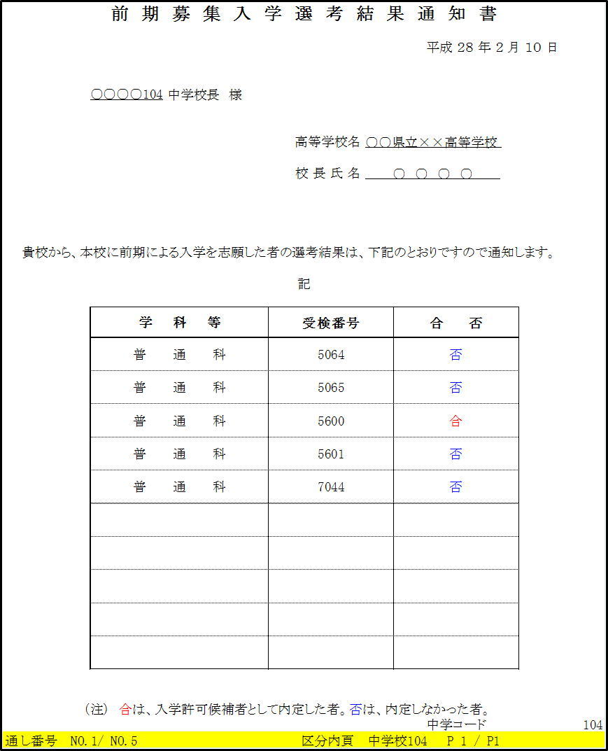 例５前期募集入学選考結果通知書印刷１枚目画像