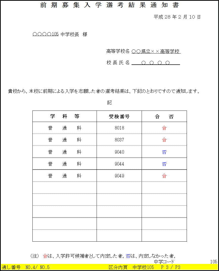 例5前期募集入学選考結果通知書印刷4枚目画像