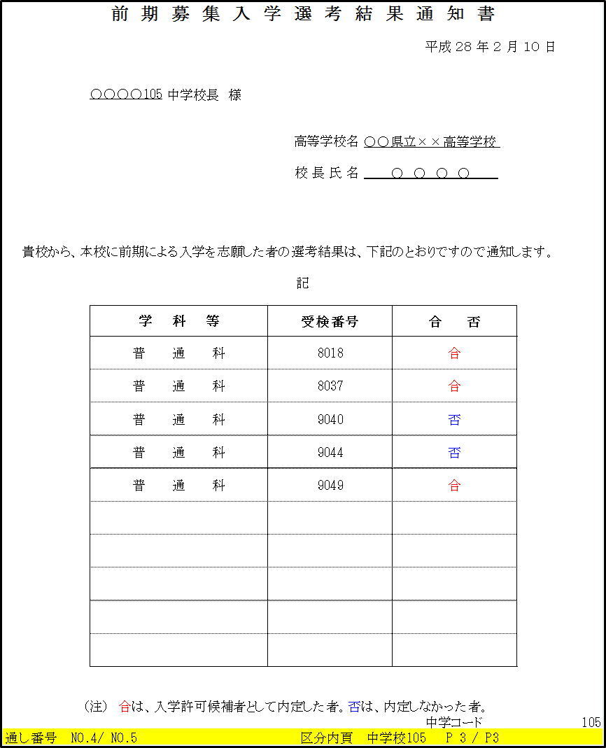 例５前期募集入学選考結果通知書印刷４枚目画像