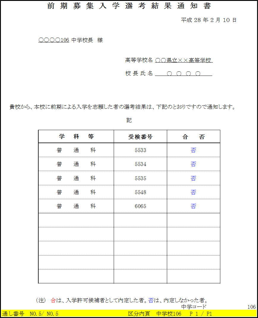 例5前期募集入学選考結果通知書印刷5枚目画像