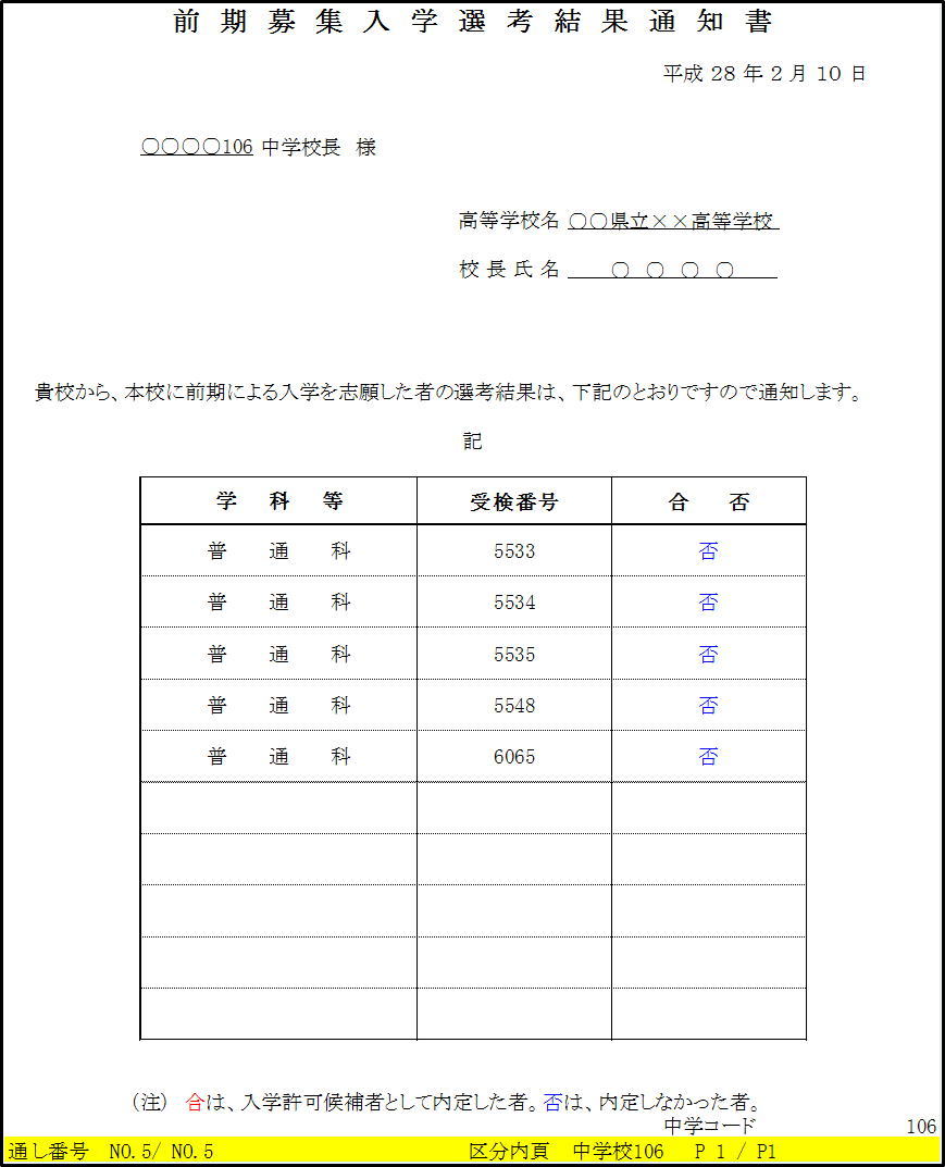 例５前期募集入学選考結果通知書印刷５枚目画像