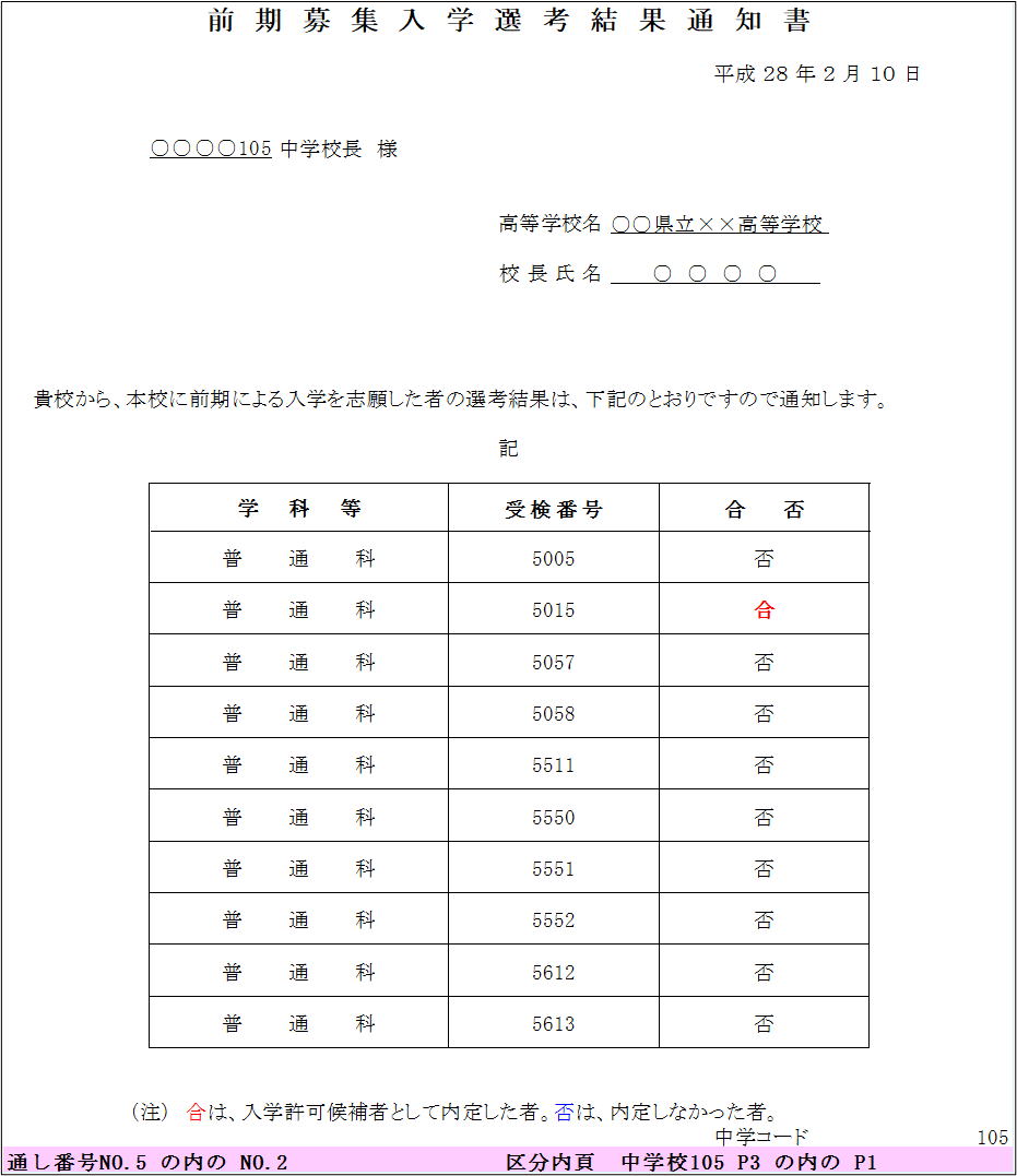 例５前期募集入学選考結果通知書印刷２枚目（条件付書式の設定）画像